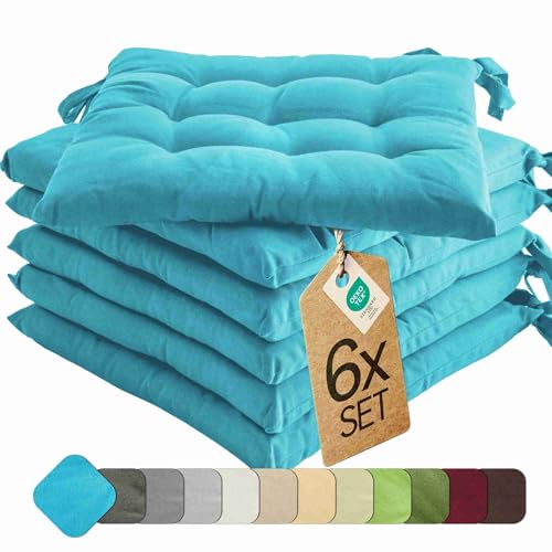 etérea Sitzkissen Stuhl 40x40 6er Set innen - Stuhlkissen Türkis - Sitzauflage Stuhl, Gartenstuhl, Indoor, Outdoor - waschbare Sitzpolster - 6 Stück Kissen 40x40 mit Bänder - Hellblau