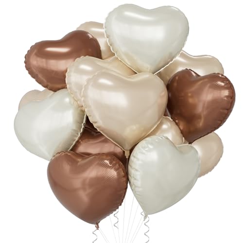 SULALABOO 15Pcs Brown Cream Nude Neutral Heart Balloons Helium 18 Inch Heart Shaped Foil Balloons for Valentines Day Mothers Day Engagement Anniversary Birthday Bridal Wedding Party Decorations
