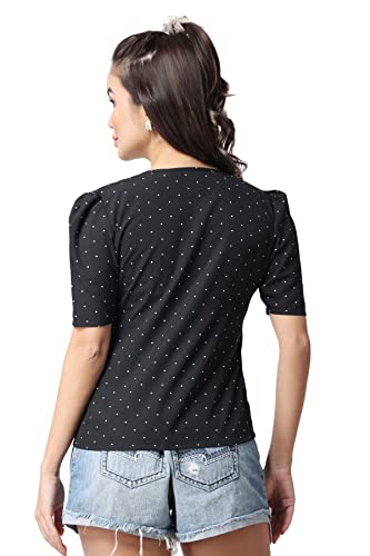 Image of POPWINGS Casual Printed Puff Sleeves Round Neck Top for Women || Stylish Summer Tops for Women || Hip-Length Women Top