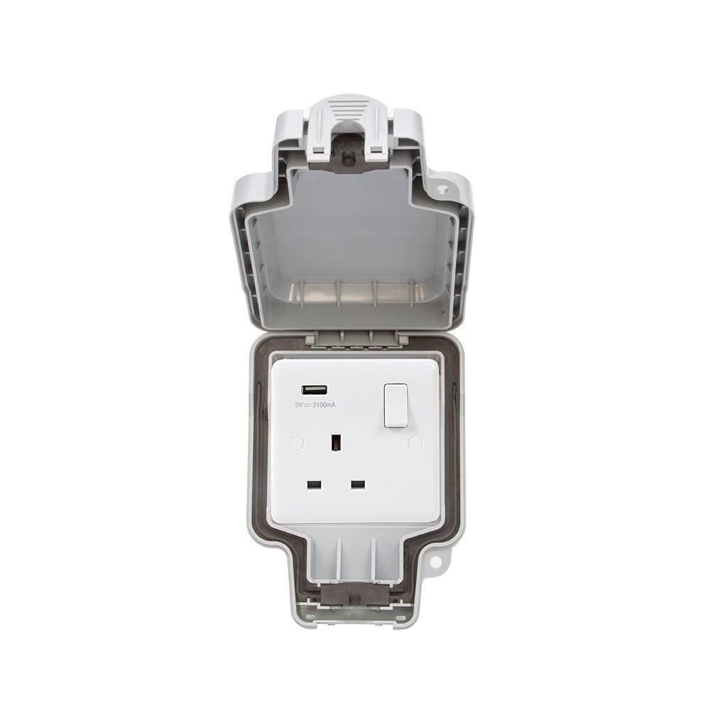Lieber Silk White 1 Gang Outdoor Switched Weatherproof Power Socket With Usb Box Ip66 Rated Wall Electrical Outlet All Weather And Storm Proof