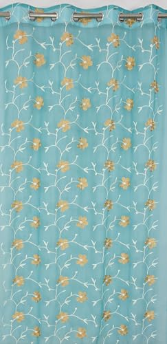 Image of Homefab India Embroidery Floral Net Transparent Sheer Curtain - 7X4 Feet, Door Curtains, Aqua, Pack of 2 Pcs