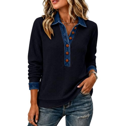Waffle Knit Shirts for Women Henley Neck Contrast Denim Patchwork Shirt - image 2
