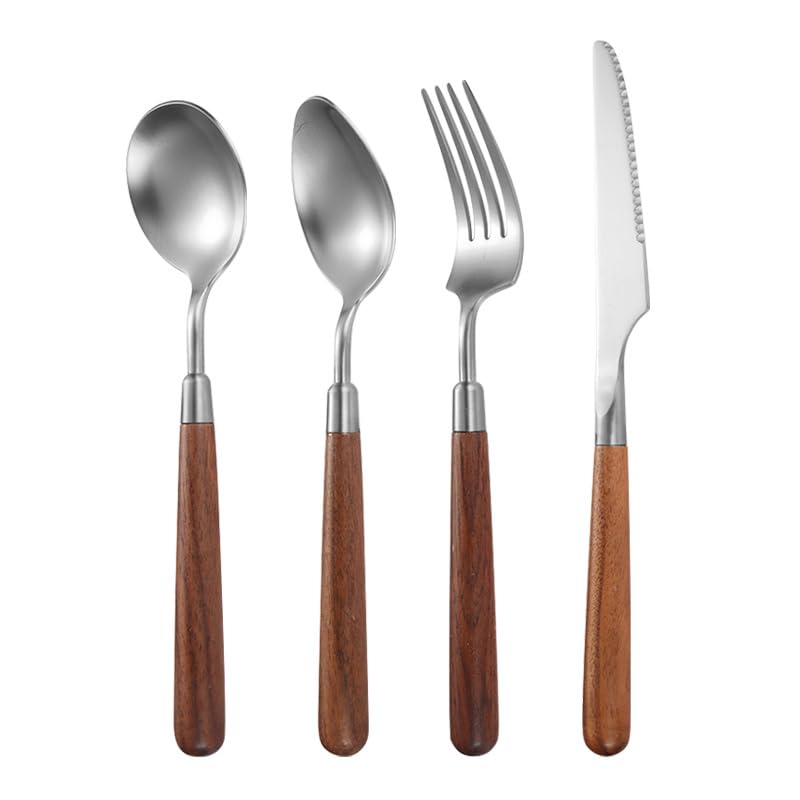 Ensemble de Couverts, 4/16/24/32 pièces, Manche en Bois, Acier Inoxydable 304, Couteau à Steak, Fourchette et cuillère, Service de Table pour Restaurant et Usage Domestique, argenté - 4 ense