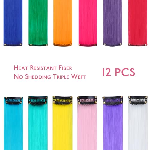 Image of WENNALIFE 12 PCS Rainbow Hair Extensions Clip in, Colored Clip in Hair Extensions for Kids Highlights Rainbow Hair Clips for Girls Synthetic Straight Pop-up Style Colorful Girls Hair Accessories