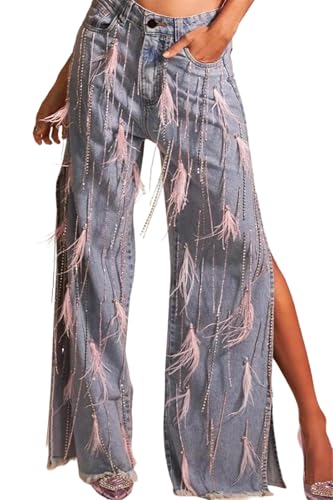 Women's Rhinestones Fringer Baggy Jeans Diamond Feather Tassel High Waisted Slit Stright Leg Y2k Denim Pants