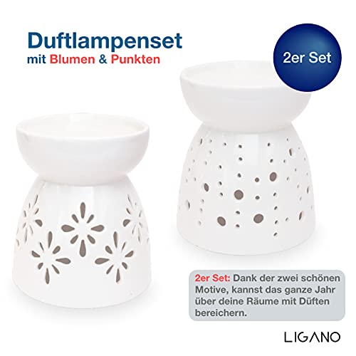 Foto von Ligano Duftlampe aus Keramik – Aromalampe mit Teelicht-Halter – Duftlicht 2er Set (Blumen und Punkte)