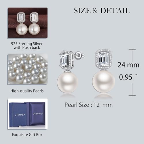 12MM White Artificial Pearl Earrings for Women Sterling Silver Halo Stud Earrings Created Emerald May Birthstone Dangle Earrings 6