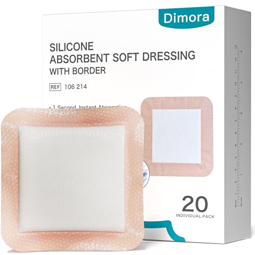 Image of Dimora 20 Count Silicone Super Absorbent Wound Dressing - Gentle Border 5 inch x 5 inch Adhesive Bandages for Diabetic Foot Ulcers, Heavy Exudate Wound Care Pads with Ultrasorb Polymer