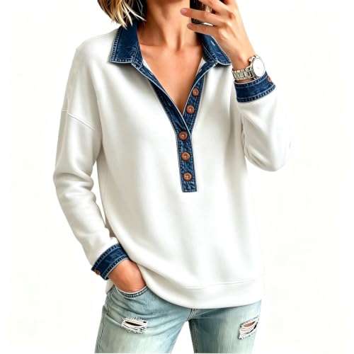 Womens Sweatshirt Denim Collar Loose Fit Patchwork Y2K Henley Sweatshirts | Cozy, Soft, Long Sleeve, Drop Shoulder, Cold Weather, Everyday, Casual, Weekend, Daily Wear, Party, Young Women - image 7