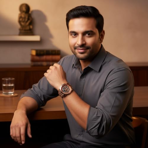 Image of Shree Ram Skeleton Watch, Ayodhya Mandir Theme, Mechanical Look Quartz, Stainless Steel Metal Bracelet, Round Dial with Deity Engraving for Man and Boyes