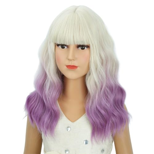 Image of PATTNIUM Girls Purple Ombre Short Curly Wavy Wig with Bangs Kids White Ombre Purple Bob Wigs Synthetic Halloween Costume Cosplay Party Wigs