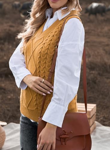 Image of EVALESS Oversized Sweater Vest for Women V Neck Sleeveless Cable Knit Tops