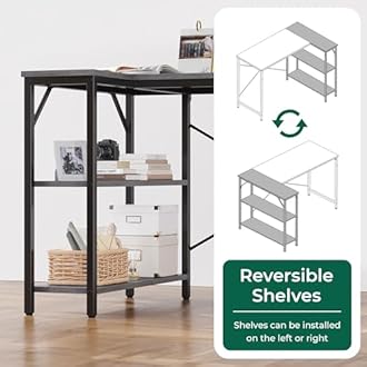 Huuger L Shaped Desk, 39 Inches Computer Desk with Reversible Storage Shelves, for Gaming Corner Home Office Writing Study, Metal Frame, Gray
