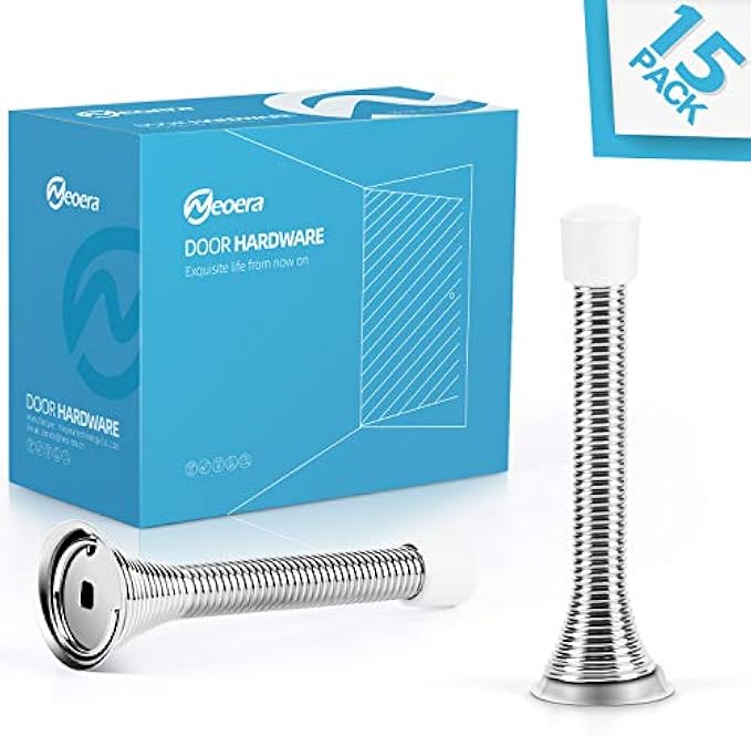 Neoera Spring Door Stoppers (15pack), 3 ⅛" Heavy Duty, Flexible Door Stop to Protect Walls and Doors in Satin Nickel Finish, 100% Child & Pet Friendly, Baseboard & Wall Mount Silvery Color…