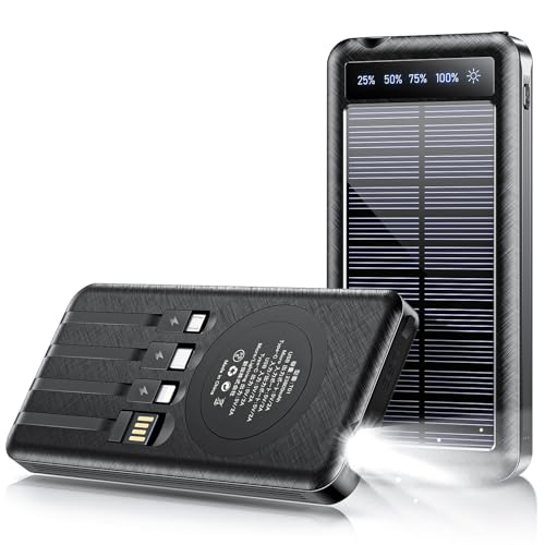 ソーラーモバイルバッテリー 【2025新モデル・4本ケーブル内蔵・防災士監修】 ソーラーチャージャー 23800mAh大容量 防災士監修 急速充電 Type-C モバイルバッテリー IPX7防水 耐衝撃 携帯 スマホ充電器 携帯便利 災害用バッテリー IP67防水 LEDライト付き 停電対策 SOSモード 地震/災害/旅行/アウトドア 各種デバイス対応 (ブラック)