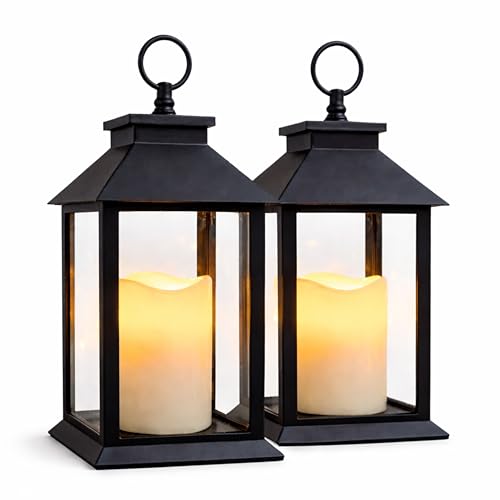 Black Lanterns Decorative Set of 2 with LED Candles – Outdoor & Indoor Lantern Decor – 13” Farmhouse Lanterns with 4 Hour Timer and Remote Control – Hanging or Tabletop Patio Porch Home Decor
