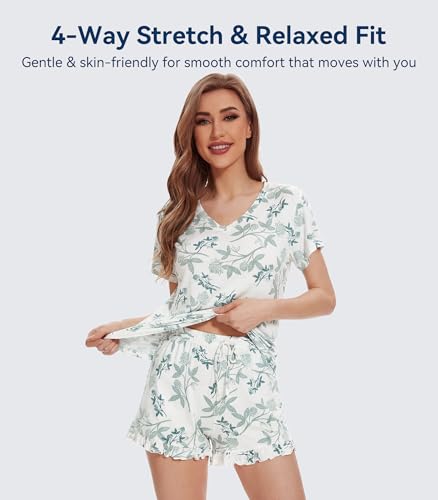 Image of WiWi Womens Pajamas Set Bamboo Viscose Super Soft Short Sleeve Top Ruffle Shorts Sleepwear Cooling Pj Sets S-XXL
