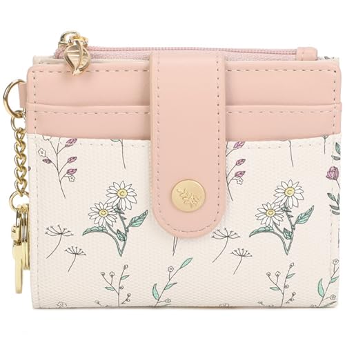 Image of Farcauo Small Floral Womens Wallet with keychain Cute Wallets for Women Thin Pink Women's Wallet Kawaii Floral and Bow Card Purse for Ladies
