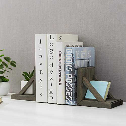 Mygift Decorative Desktop Bookends, Vintage Gray Wood And Brass Metal Book Supports, 2 Piece Set #TOP2