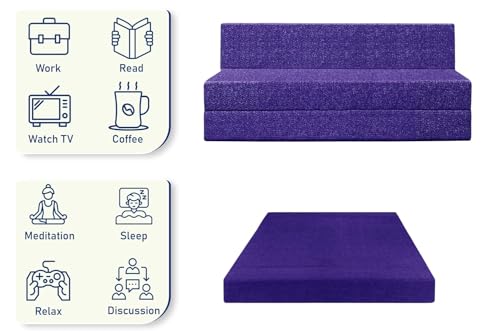 Image of DIVISHA HOMES Foldable 3 Seater Sofa Cum Bed, Sofa Bed 5 X 6 Feet, Jute Fabric- Washable Cover- Including Three Cushion Perfect for Home & Office - Purple Color
