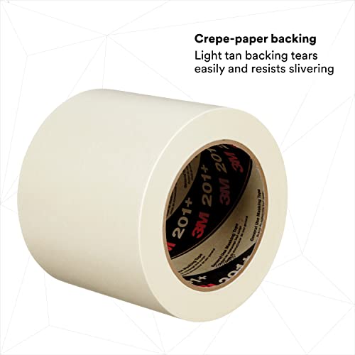Image of 3M General Use Masking Tape 201+, Crepe Paper, Tan Color, 96 mm x 55 m | 4.4 mil, 8 /Case, Low Unwind, Clean Removal, Easy Tear, Resist Slivering