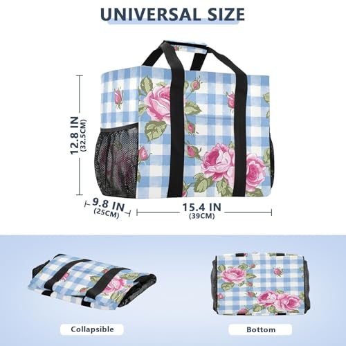 YETTASBIN Rose Plaid Large Foldable Travel Tote Bag, Lightweight Waterproof Swim Pool Bag with Handles & Pocket for Beach Outdoor, Reusable Grocery Bag for Kitchen, Shopping3