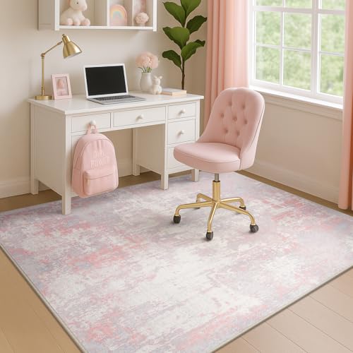 Washable Area Rugs 4'x6' Non-Slip Modern Abstract Soft for Living Room Entryway Bedroom Nursery, Print Pattern, Grey Pink