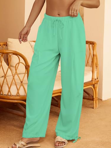 Image of Women's Linen Balloon Barrel Beach Pants Boho Harem Flowy Drawstring Casual Loose Pants with Pockets