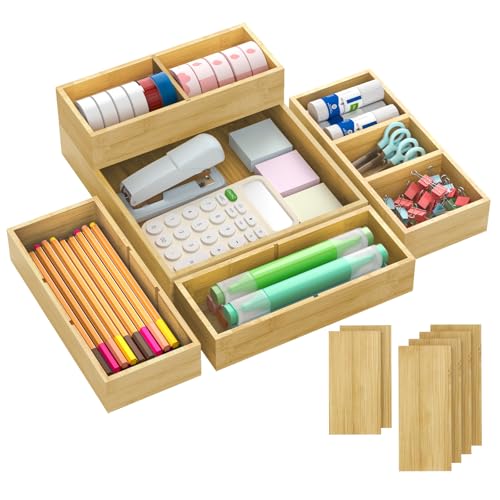 SpaceWhisper Bamboo Drawer Organizer, 5-Piece Drawer Divider with Removable Dividers