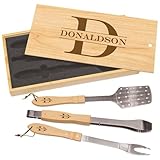 3-Piece BBQ Grill Tool Set with Wooden Pine Storage Box, Stainless Steel Spatula, Tongs and Fork