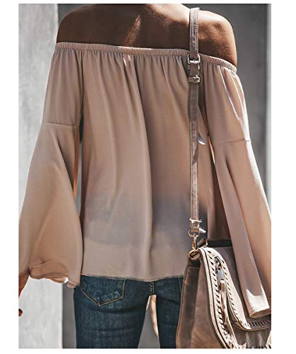 LuckyMore Women's Solid 3/4 Bell Sleeve Off The Shoulder Front Tie Knot Tops Blouse Shirts Apricot M - Thumbnail 3
