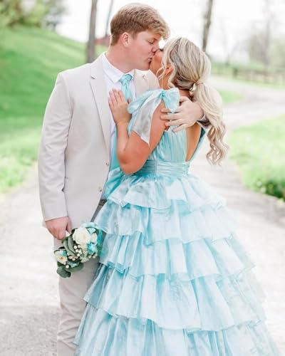 Tiered Tulle Prom Dresses for Women Long Ruffles V-Neck Formal Evening Gowns with Slit2