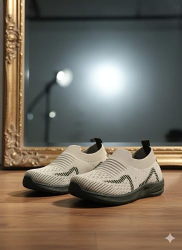 Image of Kids Slip-On Knit Sneakers, Beige with Black Accents, Lightweight Walking Shoes for Kids