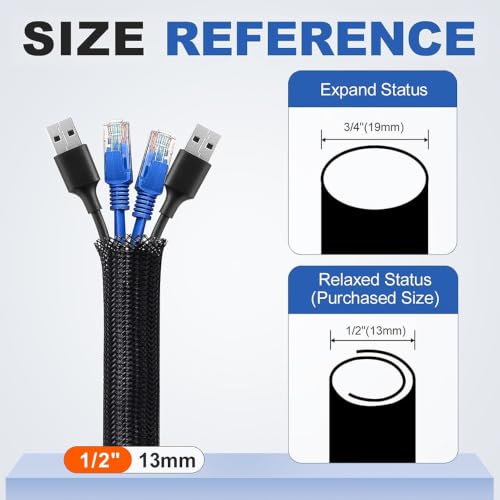 Image of Cable Organiser Sleeve Wire Organise Wire Cover for Cable Management (2 M) | Self-closing braided sleeve keeps cables tidy, wear and heat resistant, and can be cut to fit desks, TVs, PCs or vehicles