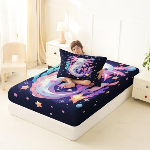 Image of jejeloiu Cute Axolotl Bed Sheets Set Twin Size Cartoon Pink Axolotl Bed Set for Kids Boys Girls Romantic Deep Pocket Fitted Sheet Breathable Soft Lightweight Microfiber