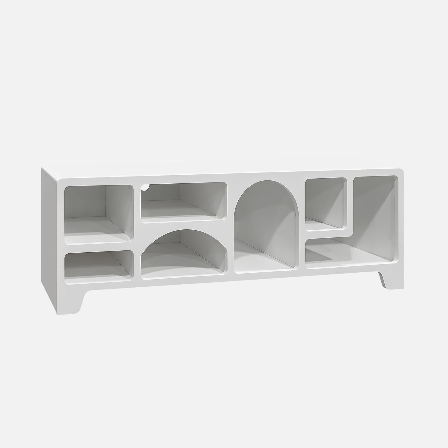 sweeek - Meuble TV Organique Effet Bois Blanc 160cm avec Plusieurs niches 7 Compartiments de Rangement L160cm