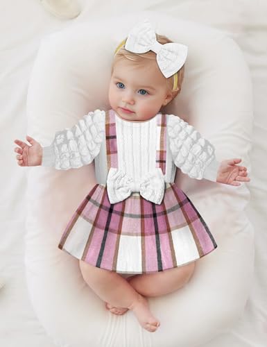 Queenstyle Baby Girl Clothes Dress Fall Winter Outfits Set Puff Sleeve Plaid Romper with Headband Stockings - Image 4