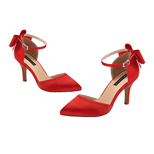 Image of ERIJUNOR Wedding Evening Party Shoes Comfortable Mid Heels Pumps with Bow Knot Ankle Strap Wide Width Satin Shoes