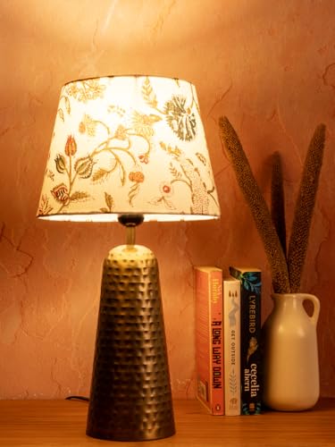 Image of Green Girgit Golden Hammered V-Shaped Lamp with Multicolor Taper White Shade, Decorative Table Lamp with Hammered Metal Base, Floral Pattern Fabric Shade, Antique Brass Finish (LED Bulb Included)