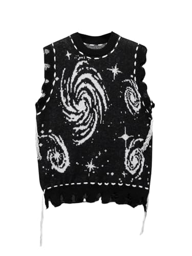 Men's Graphic Sweater Vest Crew Neck Goth Punk Distressed Sweater Grunge Ripped Streetwear Chunky Knitted Crop Top