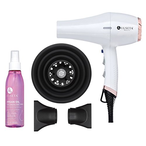 Luseta Bella Rose Gold Hair Dryer 1875W with Argan Oil Protectant Spray and Folding Diffuser, White - //coolthings.us