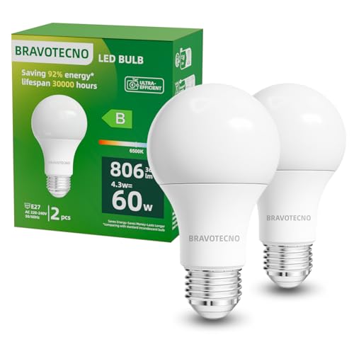 bravotecno E27 LED Glühbirne Energieklasse B E27 LED Kaltweiss 6500K 4.3W 806LM A60 Kaltweiß Leuchtmittel Entspricht 60W 360 Abstrahlwinkel Nicht Dimmbar Wärmearm & Langlebig 2 Stück