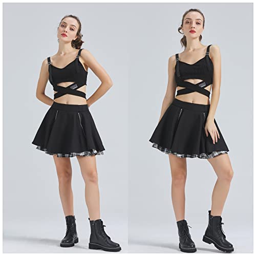 Kisidoo Women's Gothic Skirts Cute High Waisted Plaid Kilts For Women Trendy Elastic Waist Hem Flared Knee Length Mini Skirt White #TOP3