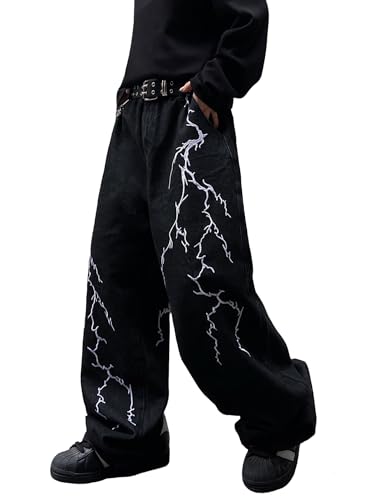 DFGIGT Men's Hip-hop Embroidered Baggy Jeans Loose Fit Denim Black Trousers Distressed Straight Leg Relaxed Fit 2000s Extreme Motion Skater Skateboard Street,B10 Black,Medium