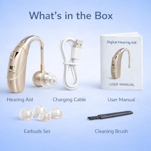 Image of Rechargeable Digital BTE Hearing Aid for Old Age with Type-C Charging for Severe to Profound Hearing Loss - Volume Control | Noise Reduction | Comfort Fit for Adults & Seniors (6 Month Warranty) (Rose Gold, For Single Ear)