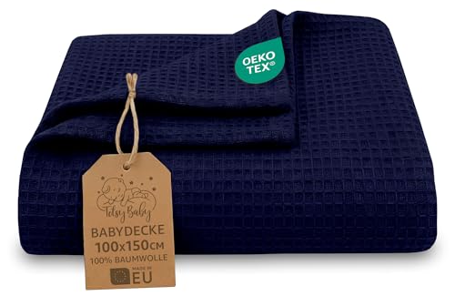 Totsy Baby Manta bebé algodón Waffle 100x150 cm - Plaid Tejido gofrado Nido de Abeja Suave mantita Ligera Transpirable arrullo sábana niño cobija Fina recién Nacido Certificado Oeko-Tex Azul Marino