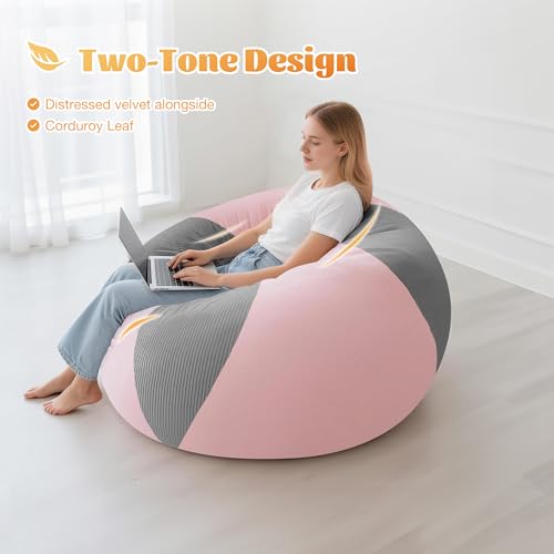 Homguava 3FT Bean Bag Chairs for Adults Teardrop BeanBag Chair Comfy Memory Foam Bean Bags Two-Tone Distressed Velvet &Corduroy Washable Cover for Living Room, Home(Corduroy, Light Grey/Pink) - Image 4