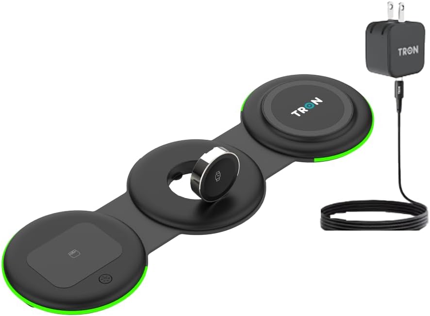 Tron 3 in 1 Foldable Magnetic Wireless Charger - Travel Charging Pad Dock for Apple Watch iPhone 16 15 14 13 12 Pro Max Plus & Airpod