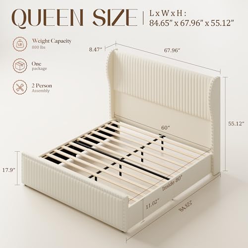 Belffin Queen Bed Frame with 55.1" Tall Headboard, Upholstered Soft Velvet Platform Bed with Nailhead Trim Wingback Design, Strong Wooden Slats, No Box Spring Needed, Noise-Free, Easy Assembly, White — view 2