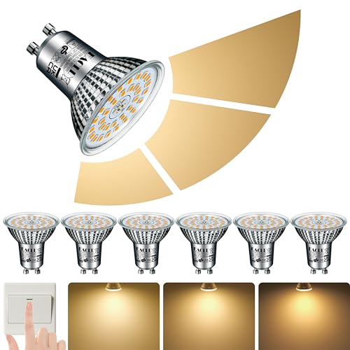 EACLL Bombillas LED GU10 Blanco Cálido 10W Regulable de 3 Etapas, Pack de 6. 3000K 940 Lúmenes Reemplaza 125W Halógeno, 3 Brillos Con Memoria, Lámparas Reflectoras 3 en 1, Focos Sin Parpadeo